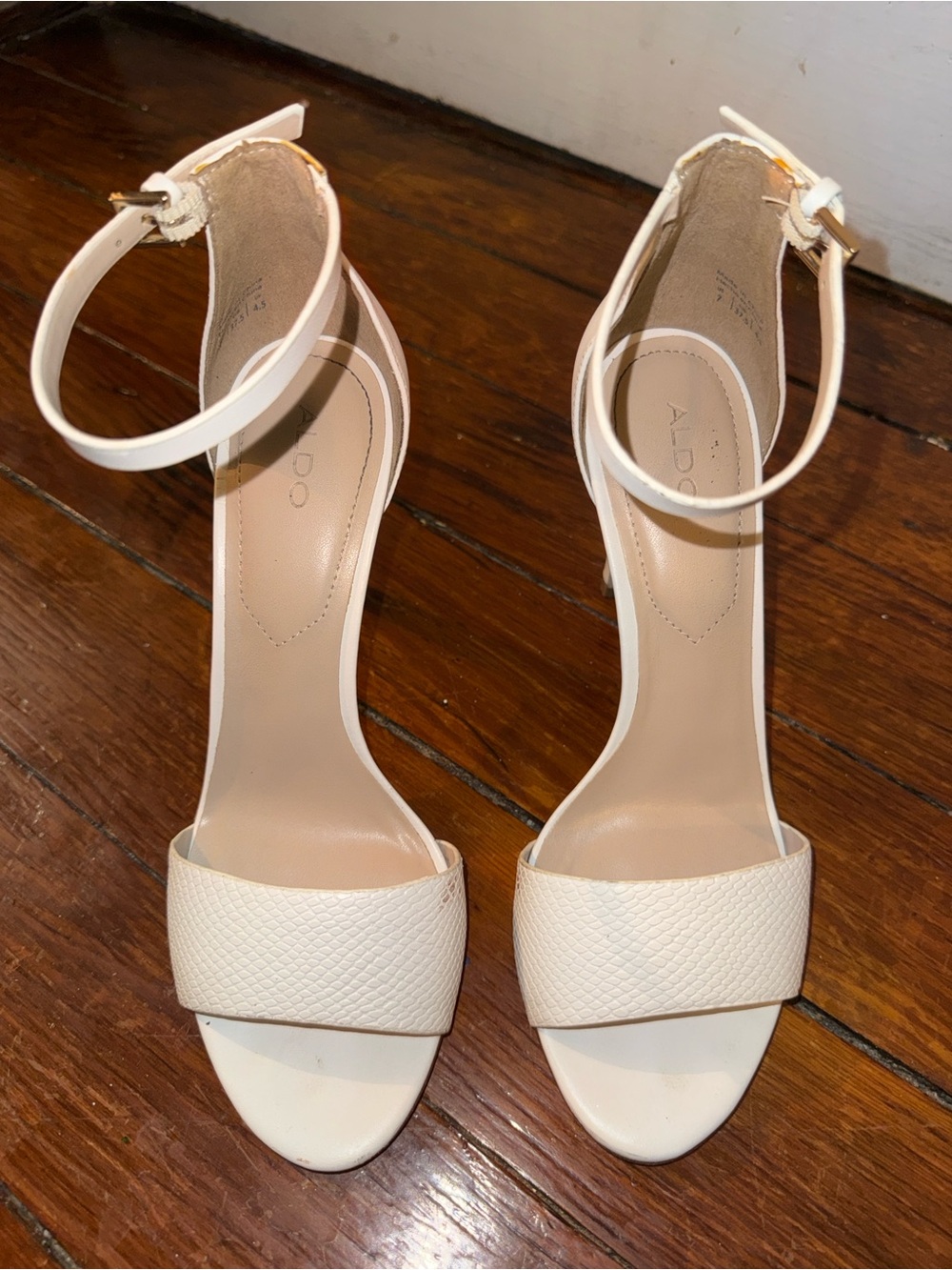 ALDO White Textured Strap Ankle‑Strap Block Heels